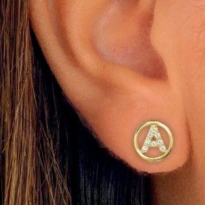 14K Solid Yellow Gold 8mm Letter Initial Halo CZ Stud Alphabet Earrings